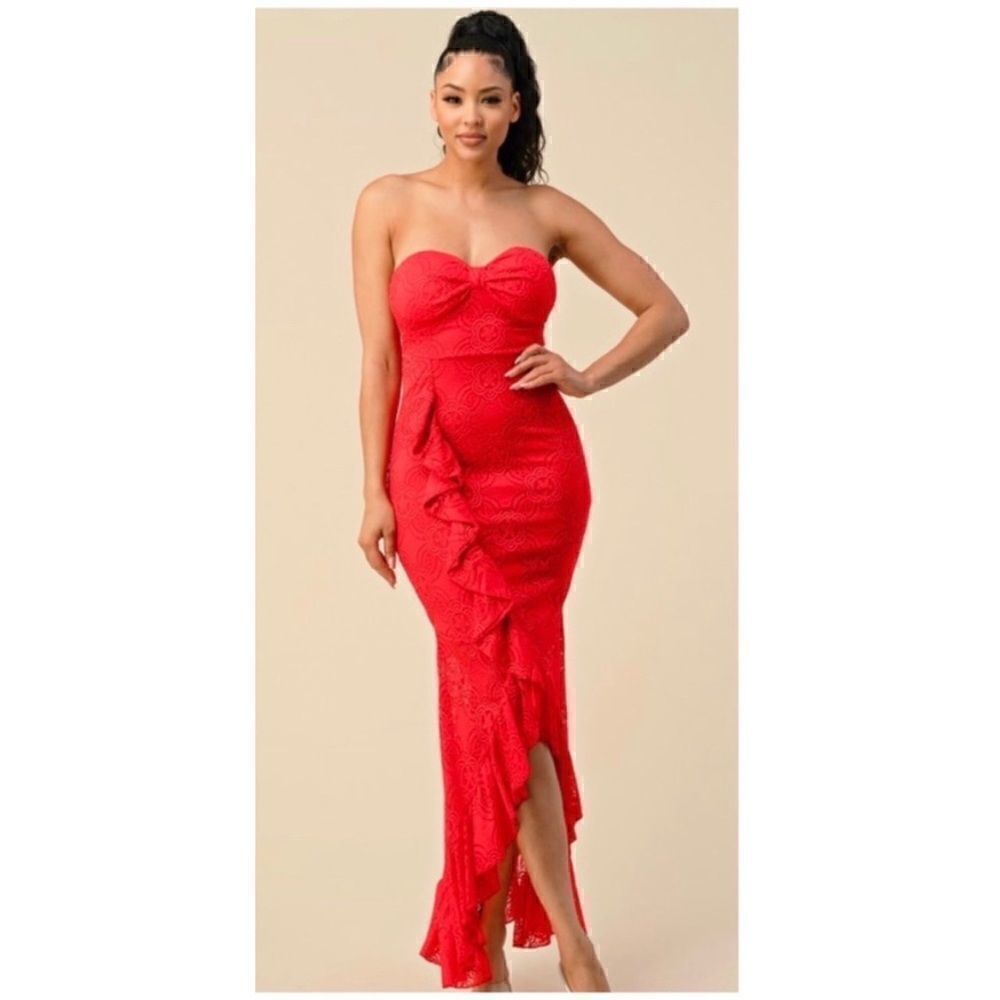 Lipstick Red Long Lace Formal Gown Strapless Flowy Maxi Dress